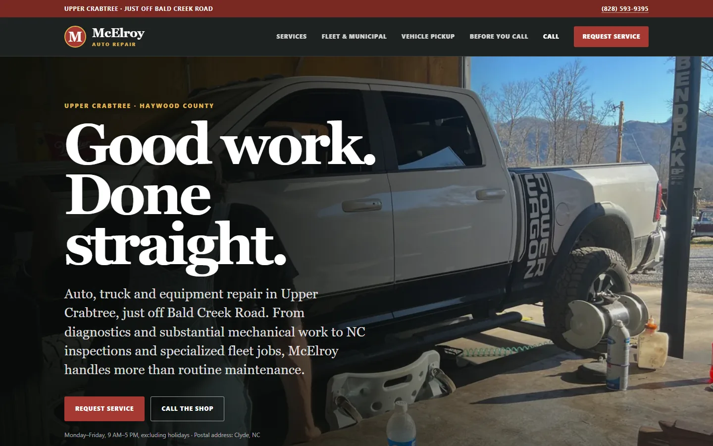 McElroy Auto Repair homepage with real shop and truck photography